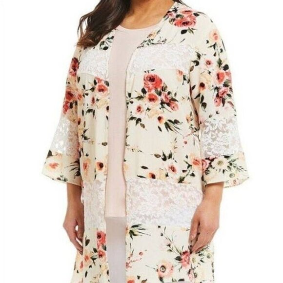 Moa Moa Floral Lace Trim Open Kimono Cardigan Cover Up 1X - Picture 1 of 12